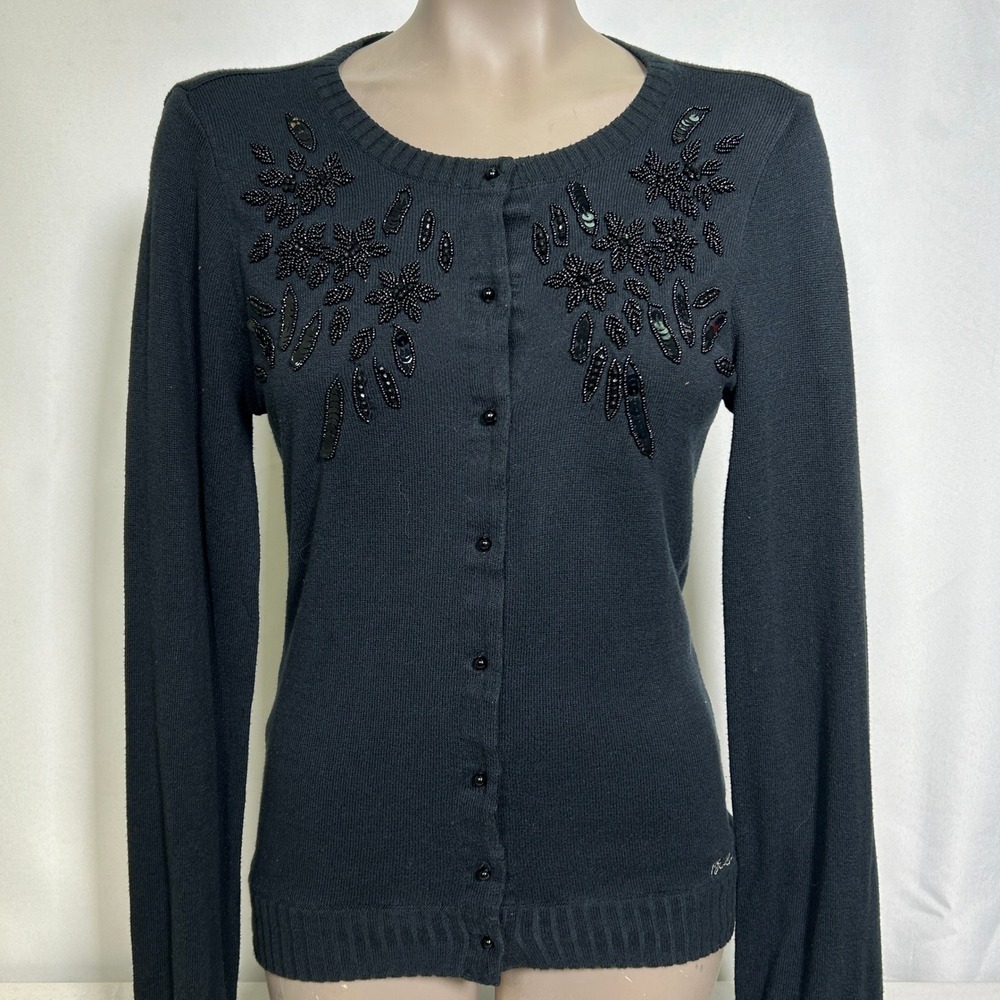 Billabong Designers Closet Beaded Floral Sequin Cardigan Sweater Women's LARGE